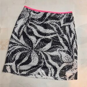Lilly Pulitzer Black and White Floral Pencil Skirt with Pink Trim / Sneak a Peek